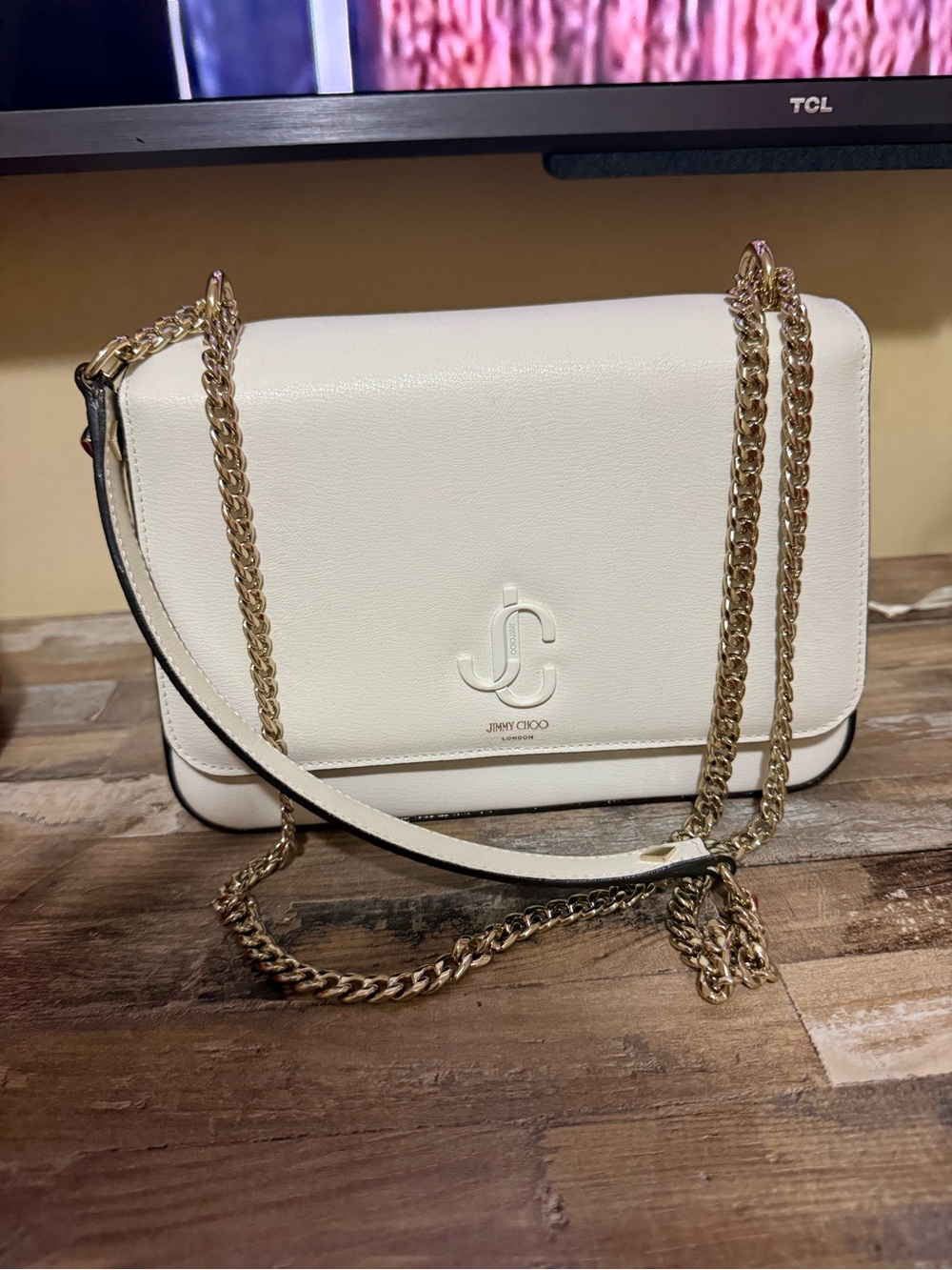 Jimmy Choo Cream Leather Crossbody Bag with Gold Chain
